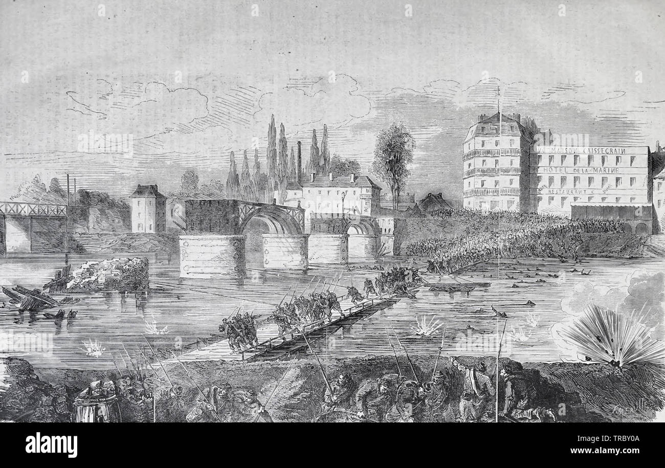 Fall Von April 17 - Die letzten Truppen Der federals, die versuchen, die Asnieres Pontoon Bridge während der Pariser Kommune 1871 bis Kreuz Stockfoto