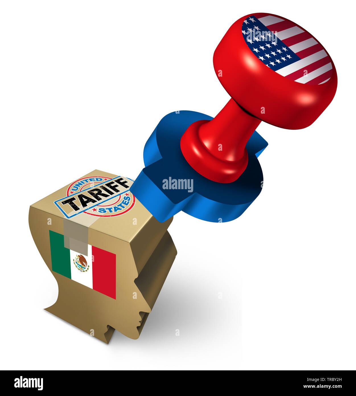 Mexiko Tarife durch die Vereinigten Staaten wegen der illegalen Einwanderung als eine politische eine wirtschaftliche Streit über Import und Export steuern und Einwanderer. Stockfoto