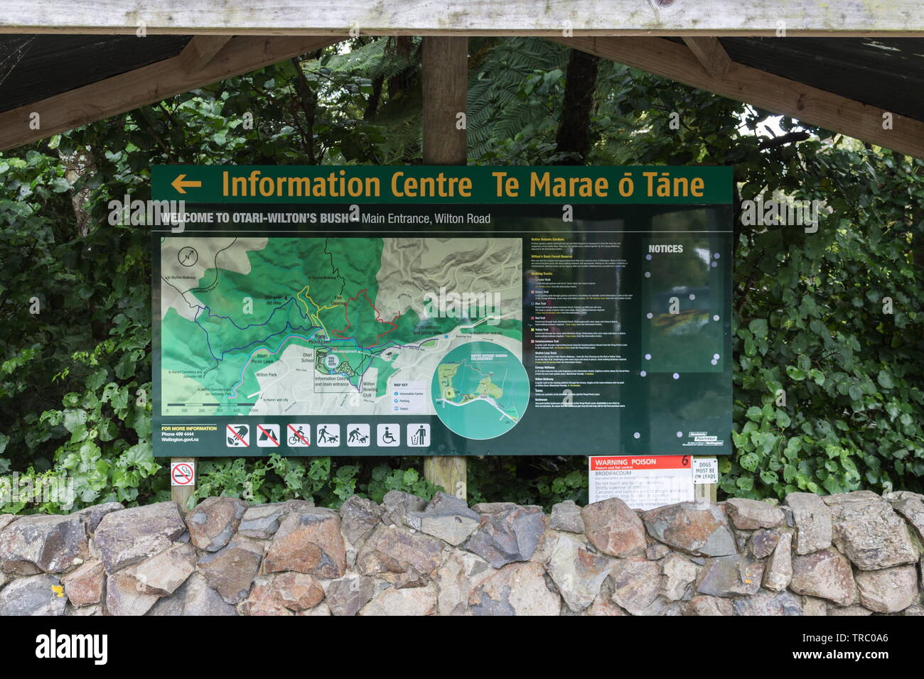 Wellington, Neuseeland - 6. November 2017: Wegweiser Karte und Informationstafel am Haupteingang des Otari-Wilton bush Gehweg. Stockfoto