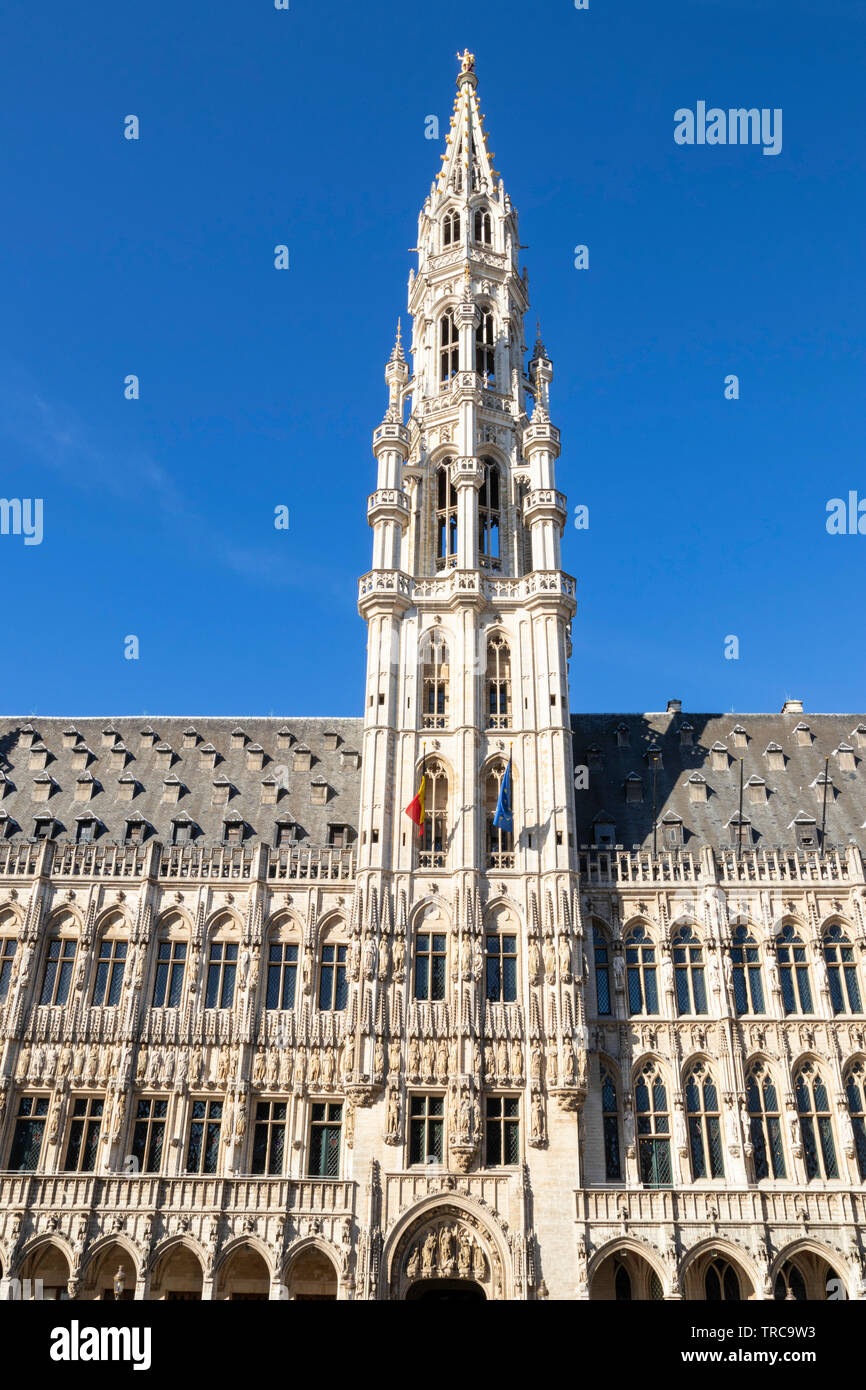 Brüssel Rathaus Brüssel Hôtel de Ville de Bruxelles gotischen Turm oder spire Brussels Grand Place Brüssel Bruxelles Belgien Eu Europa Stockfoto