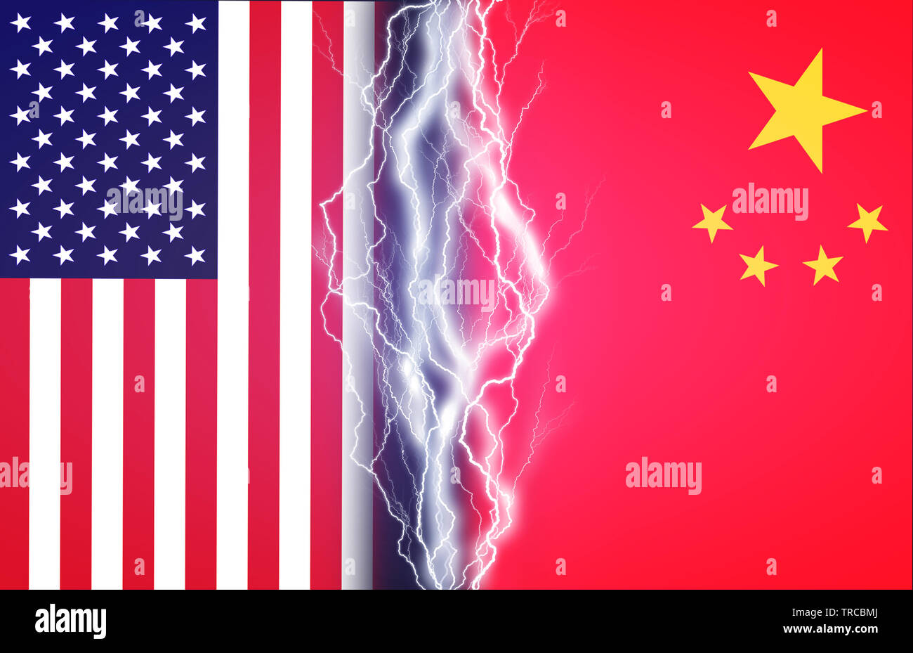 Vertikale Blitze zwischen den Flaggen der USA und China. Konzept der Krise zwischen zwei Nationen, Washington und Peking Stockfoto