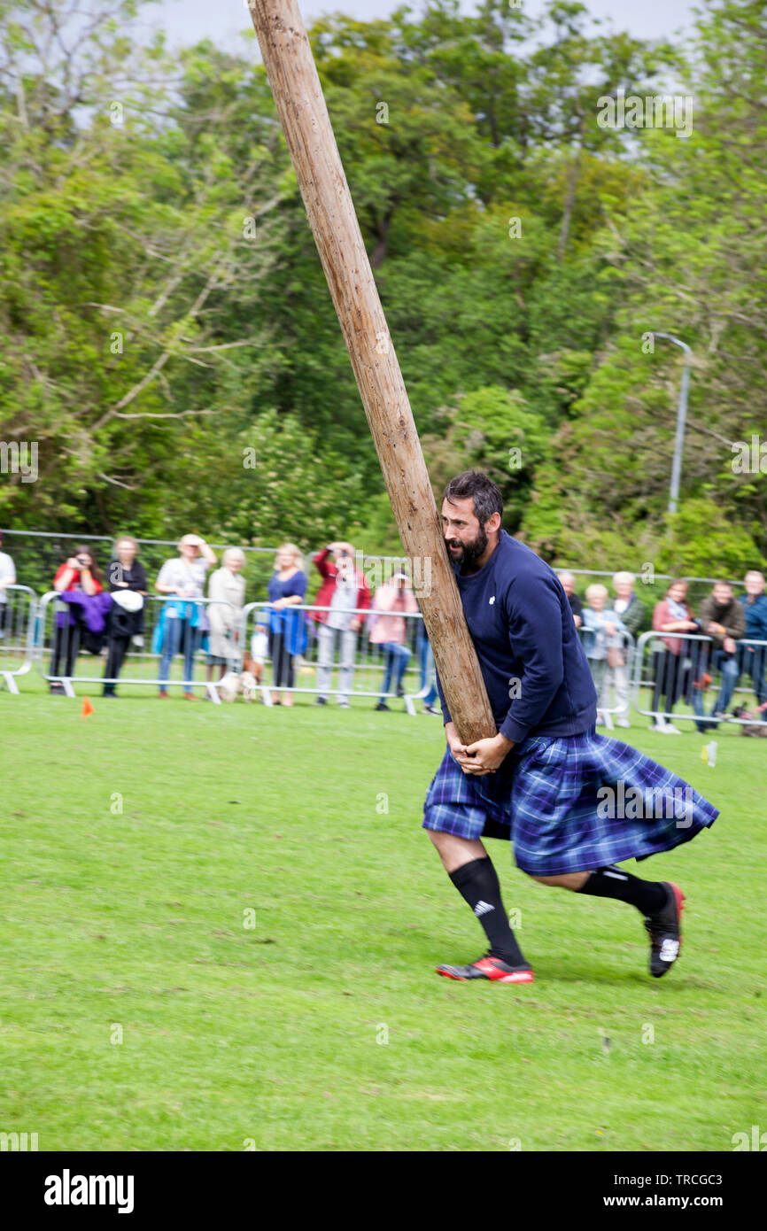 Mann warf Caber am Helensburgh und Lomond Highland Games, Argyll, Schottland Stockfoto