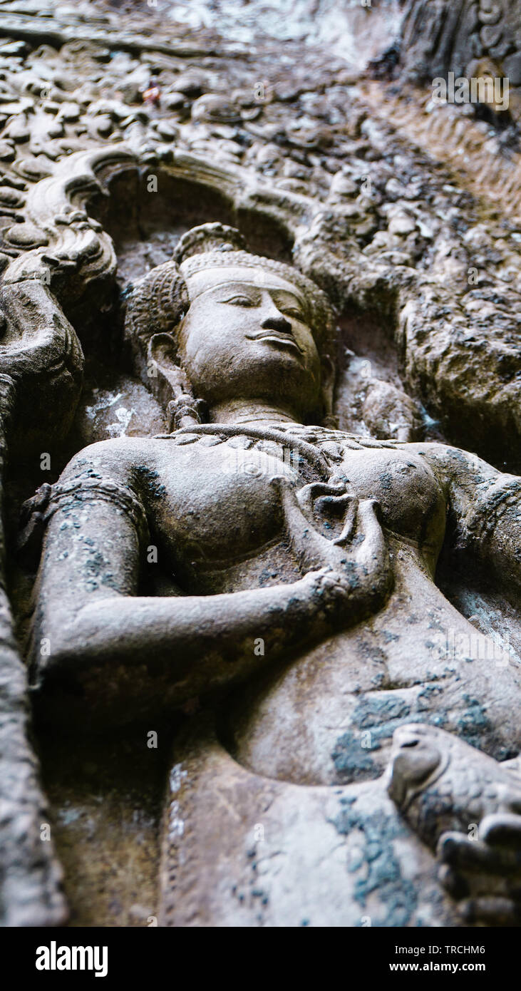 Nahaufnahme der Steinbildhauerei in einem der Tempel in Angkor Wat, die Hinduistische und Buddish Mythologie bezieht, und das Lager der Roten Khmer und Dravidian architectu Stockfoto