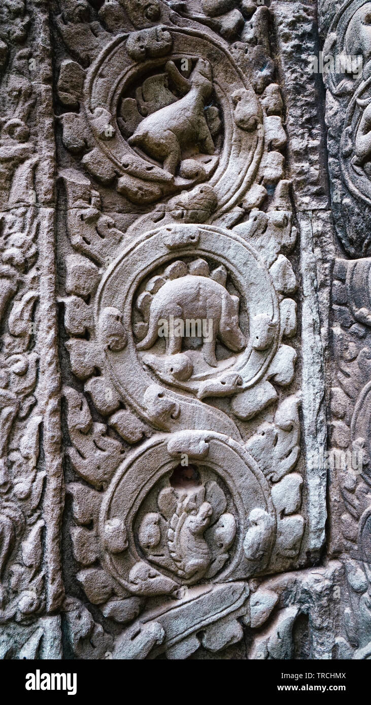 In der Nähe von Dinosaur Steinbildhauerei in einem der Tempel in Angkor Wat, die Hinduistische und Buddish Mythologie bezieht, und das Lager der Roten Khmer und Dravidian ein Stockfoto