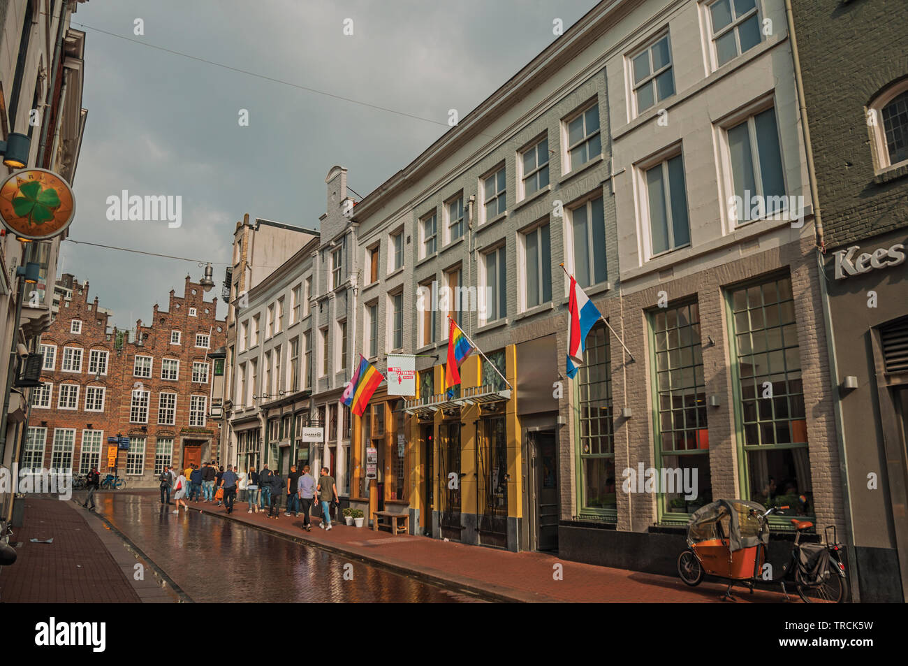 Straße mit Kneipen, Regenbogen Flagge und die Menschen flanieren an bewölkten Tag in s-Hertogenbosch. Gnädig historische Stadt mit lebendigen kulturellen Leben in Netherlan Stockfoto