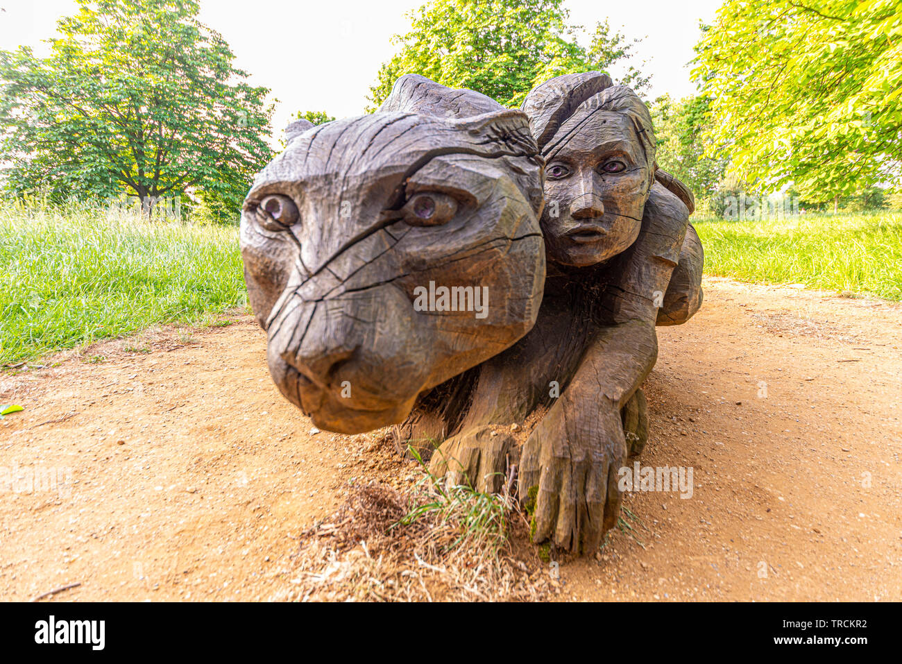 Mädchen und der Jaguar Holzschnitzerei im Regent's Park, London, UK. Eiche geschnitzten Statue zahlen. Von Tom "Carver" Harvey von Baumstamm gestaltete Stockfoto