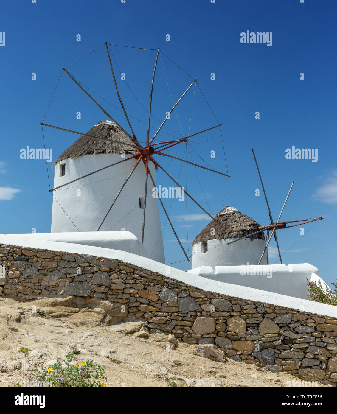 Iconic Mykonos Windmühlen in Griechenland vor blauem Himmel. Stockfoto