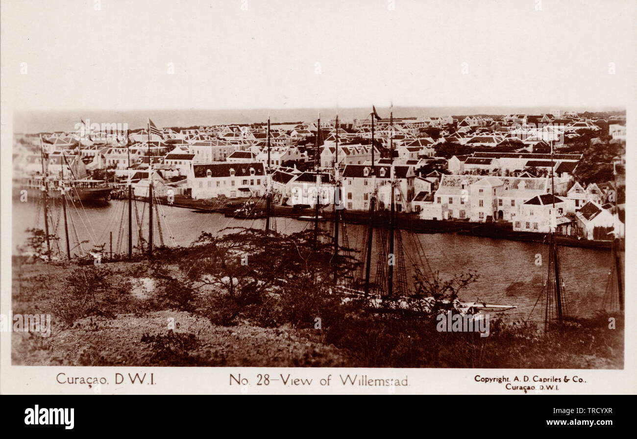 Curacao DWI, Ansicht von Willemstad, alte Postkarte. Stockfoto