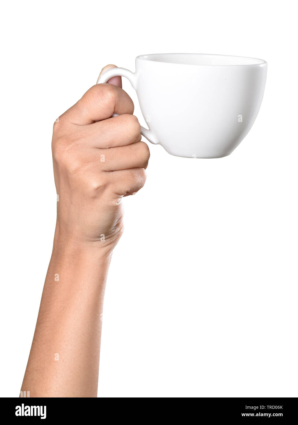 Frauen Hand eine Tasse Kaffee, auf weißem Hintergrund Stockfoto