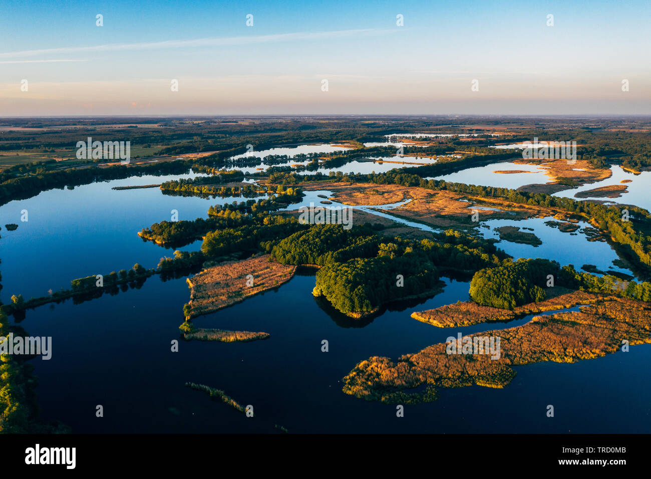 Luftaufnahme der Seen/Teiche in das natürliche Reservoir der Bird's im südlichen Polen. Milicz, Barycz Tal Landschaftspark. Stockfoto