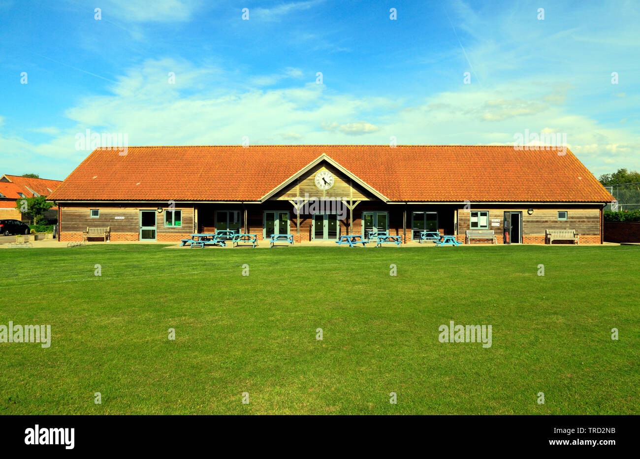 Thornham village Hall, Spielfeld, Norfolk, Großbritannien Stockfoto