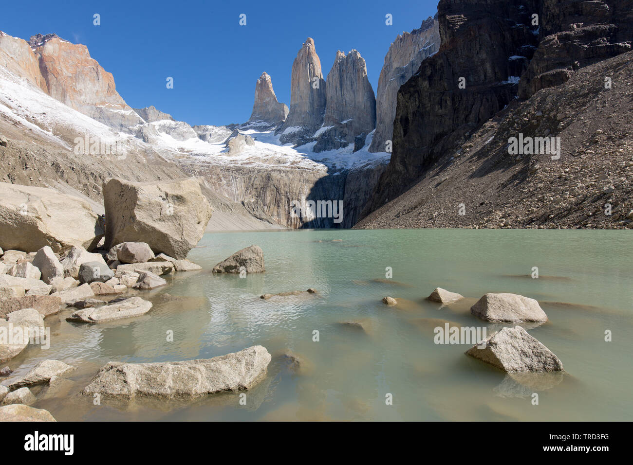 Klassische Ansicht der Granit Türme in Torres del Paine, Patagonien, Chile Stockfoto