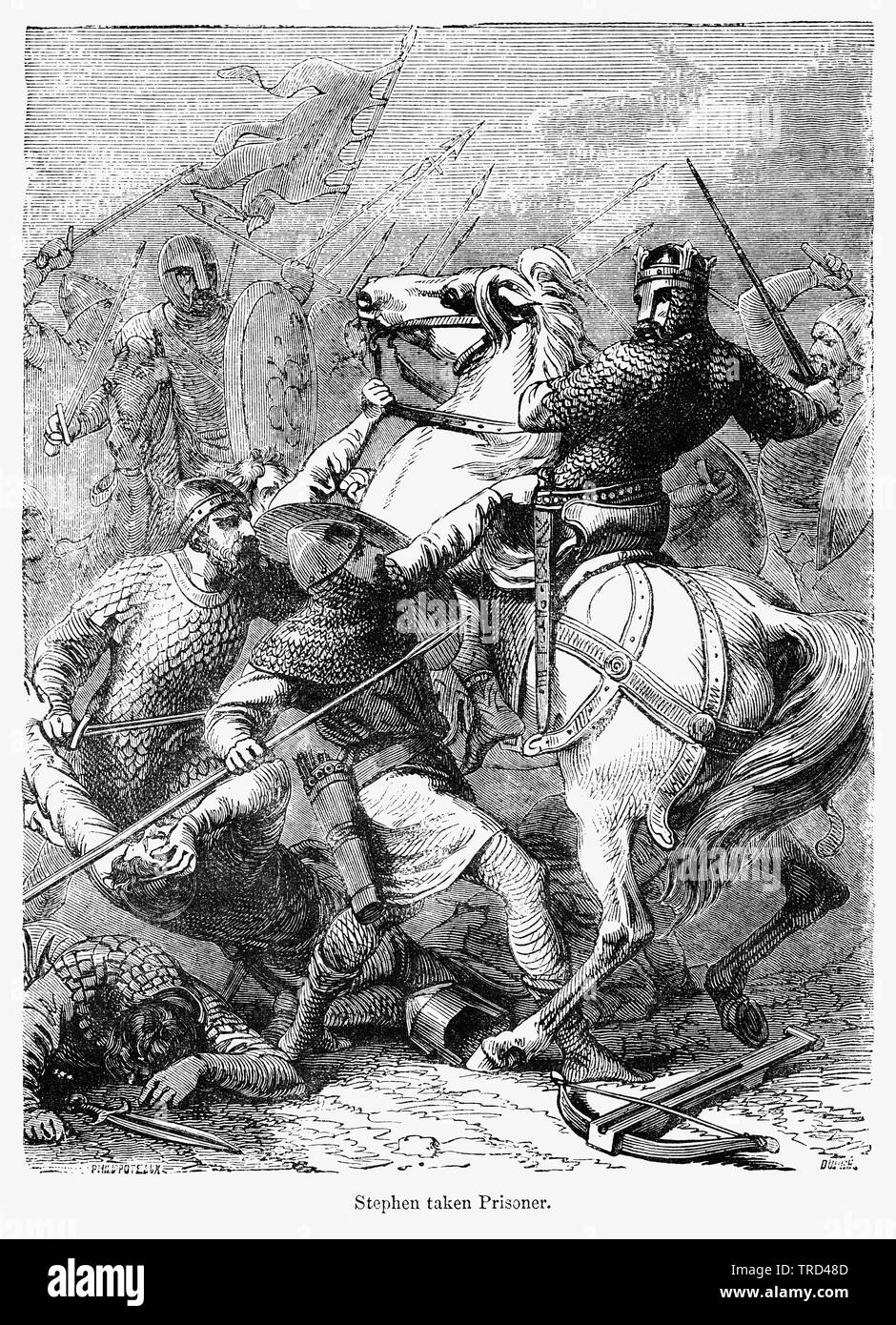 Stephen Gefangener, König Stephan I. von England gefangen genommen von Robert von Gloucester, Illustration von John's Cassell Illustrated Geschichte Englands, Bd. I aus der frühesten Periode der Herrschaft von Edward der Vierten, Cassell, Petter und Galpin, 1857 getroffen Stockfoto