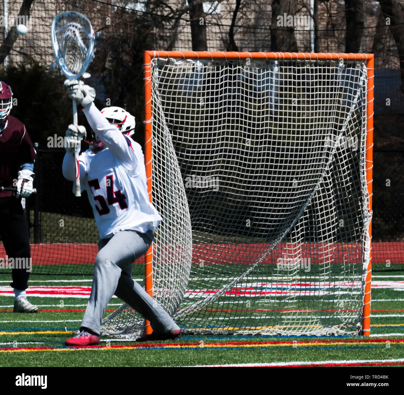 Ein lacrosse goalie blockiert die Net und stoppen den Ball ins Ziel während der High School lacrosse Spiel. Stockfoto