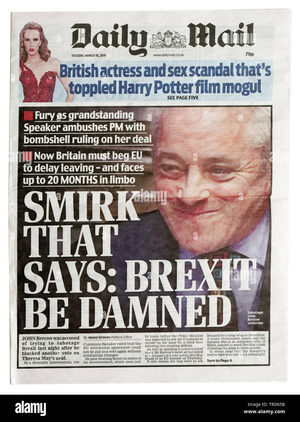 Titelseite der Daily Mail mit einem Foto von Sprecher des Unterhauses Johannes Berscow Stockfoto