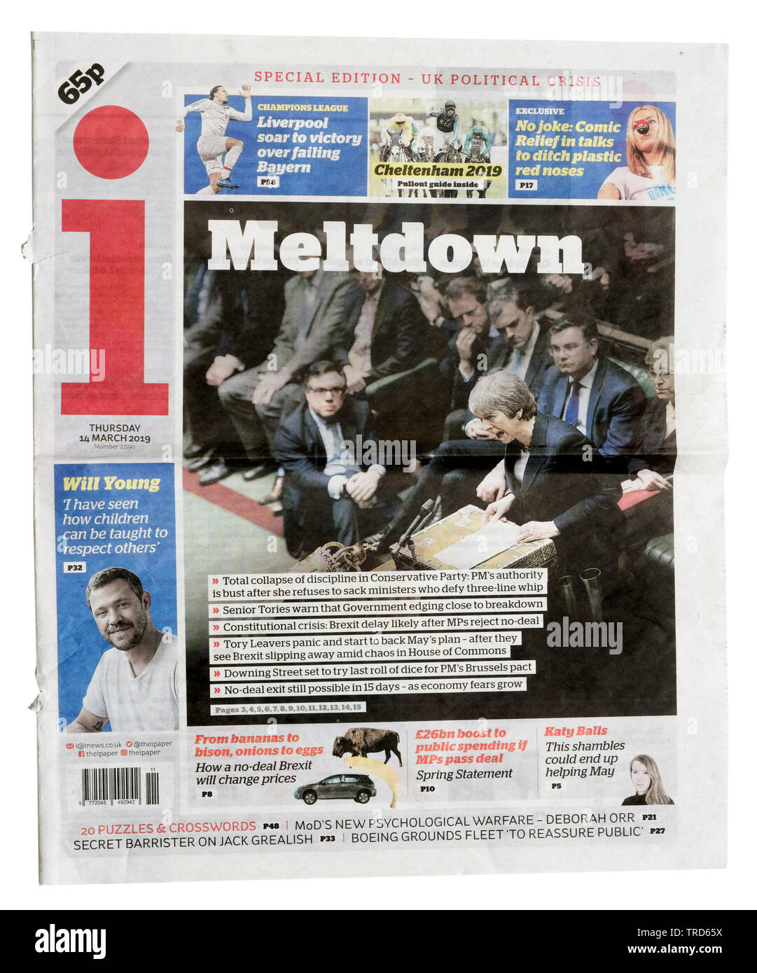 Startseite des ich Zeitung mit der Schlagzeile Meltdown Stockfoto