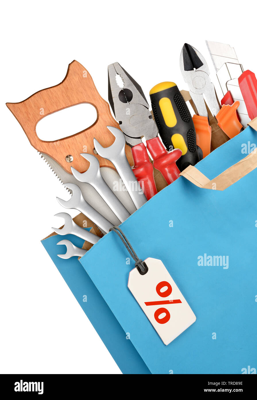Tasche mit Werkzeug mit auf weißem Hintergrund Stockfoto