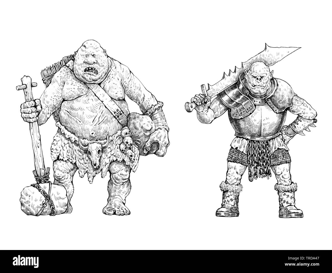 Monster Abbildung. Troll und Orc Anatomie Vergleich. Fantasy Zeichnung. Stockfoto