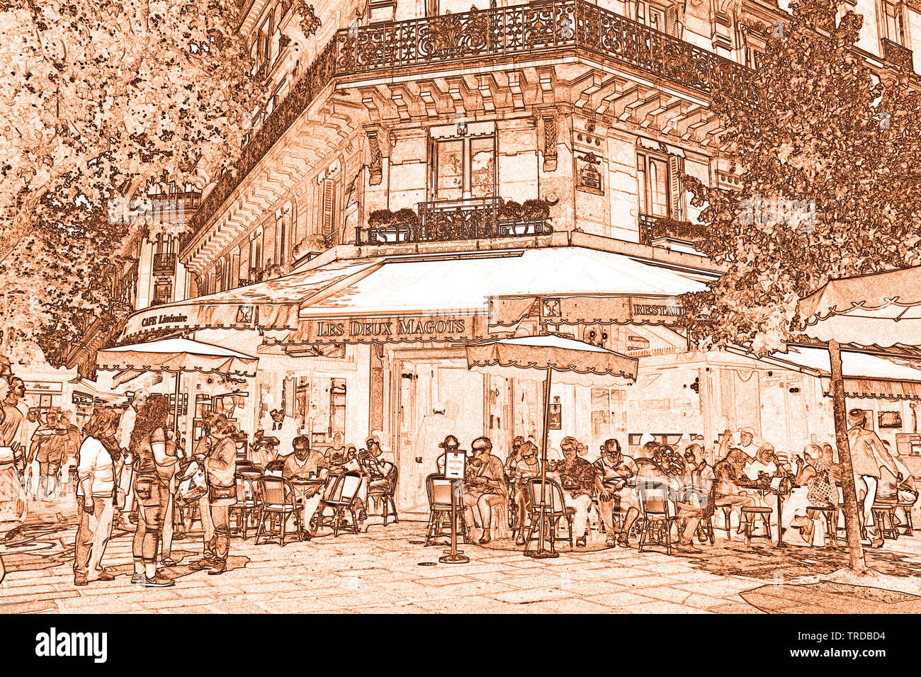 Von der Terrasse des berühmten Café, Les Deux Magots, Boulevard Saint-Germain, Paris, Frankreich Stockfoto