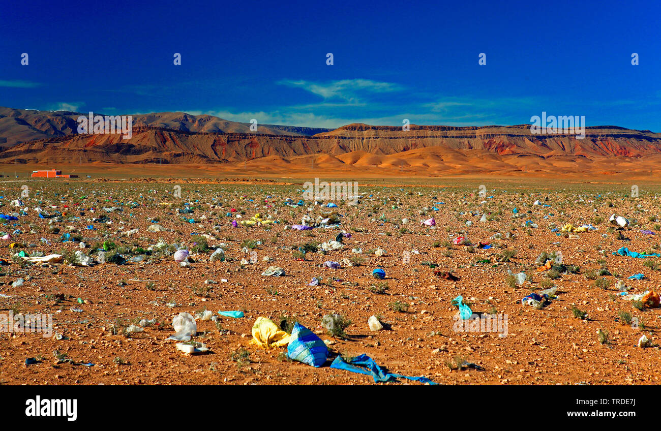 Kunststoffabfälle, die durch den Wind auf einem Plateau, Marokko geblasen, Boumalne Dades Stockfoto