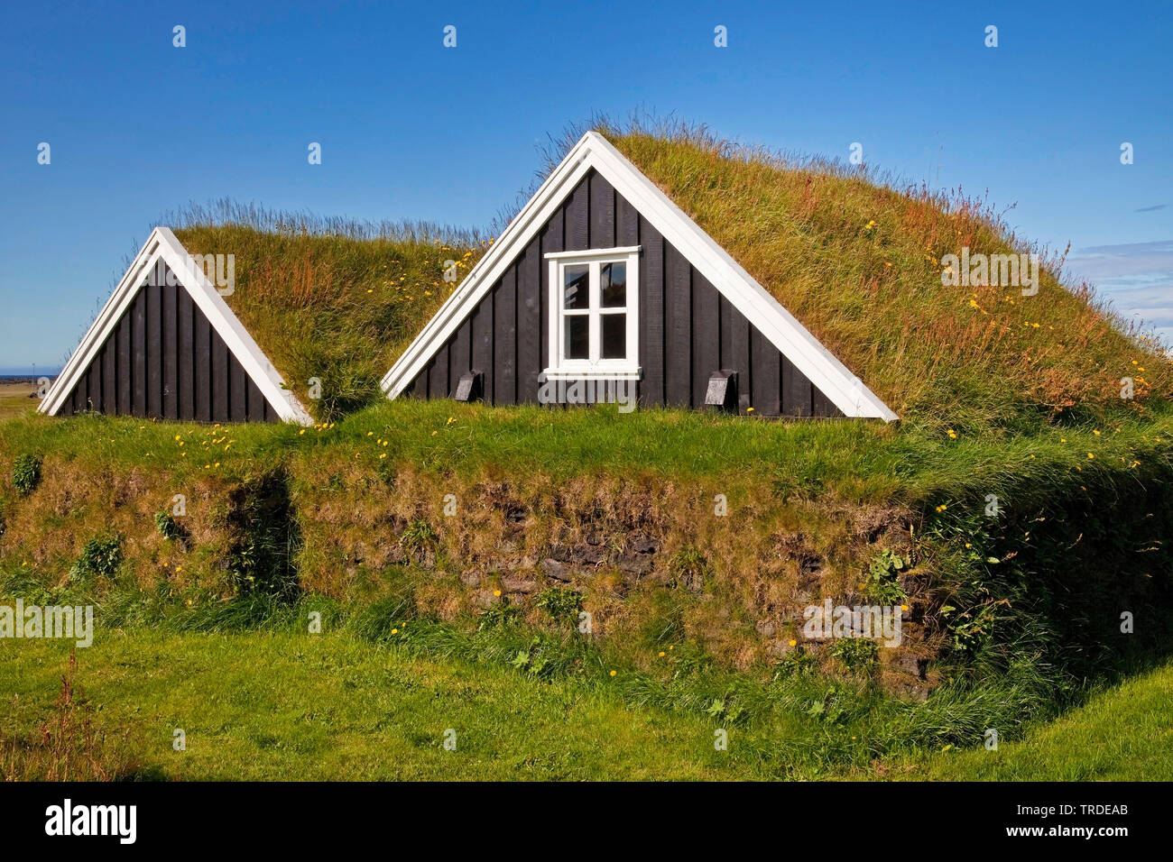 Traditionelle Grasschollehäuser, Hellissandur Museum, Island, Snaefellsnes Stockfoto
