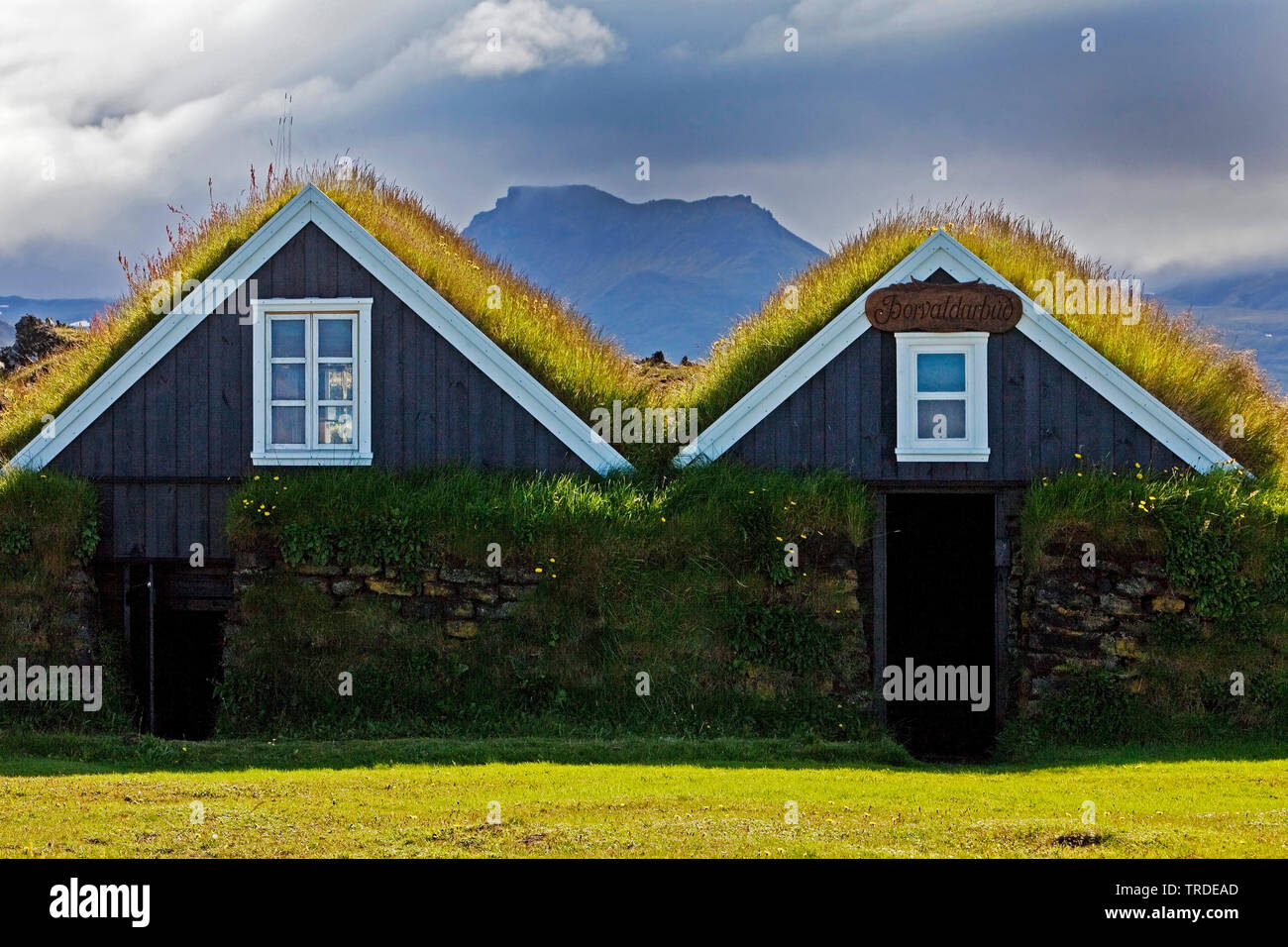 Traditionelle Grasschollehäuser, Hellissandur Museum, Island, Snaefellsnes Stockfoto