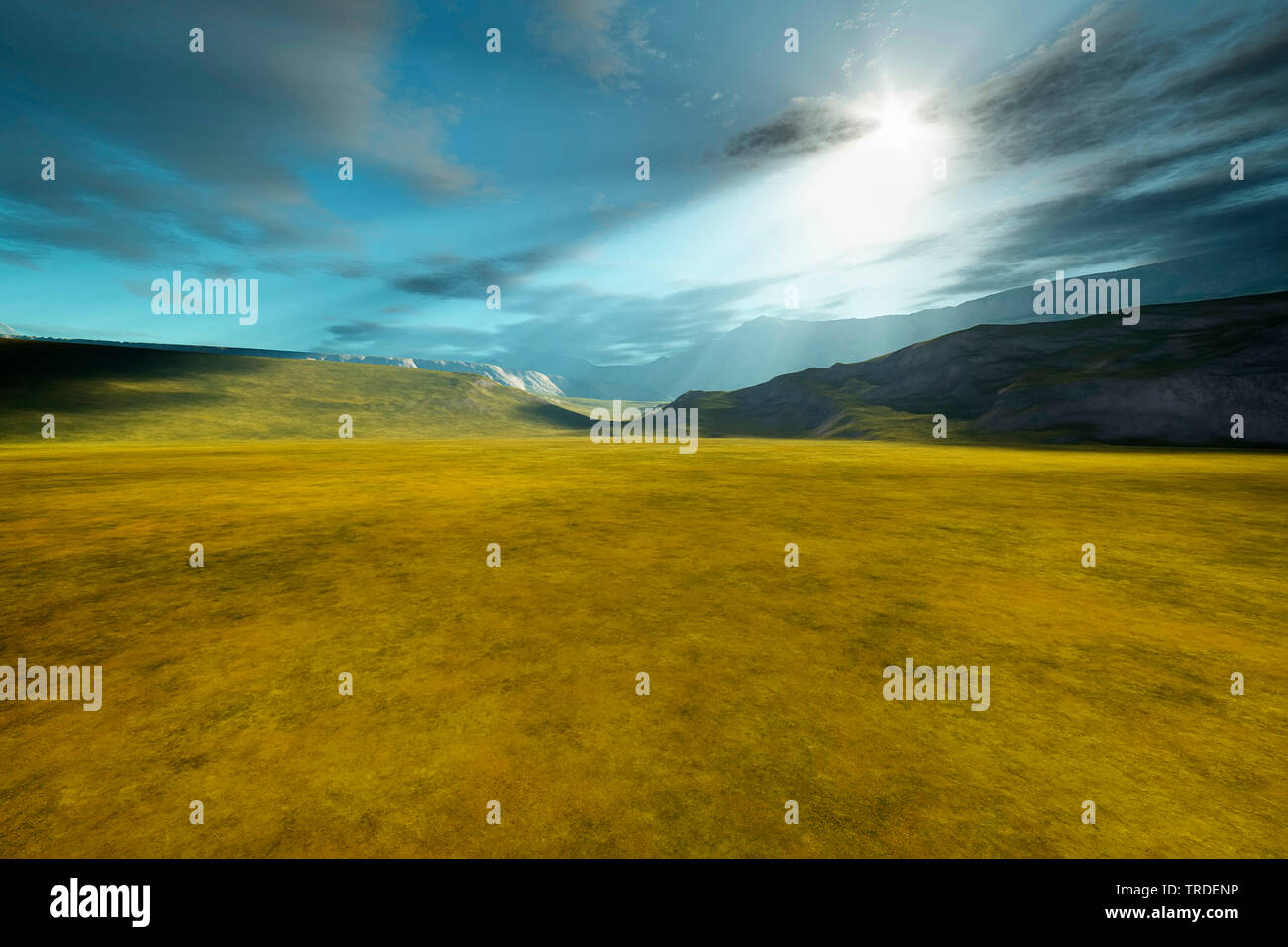 Breite Ebene und die Berge im Hintergrund, virtuelle Landschaft, Computer Grafik Stockfoto