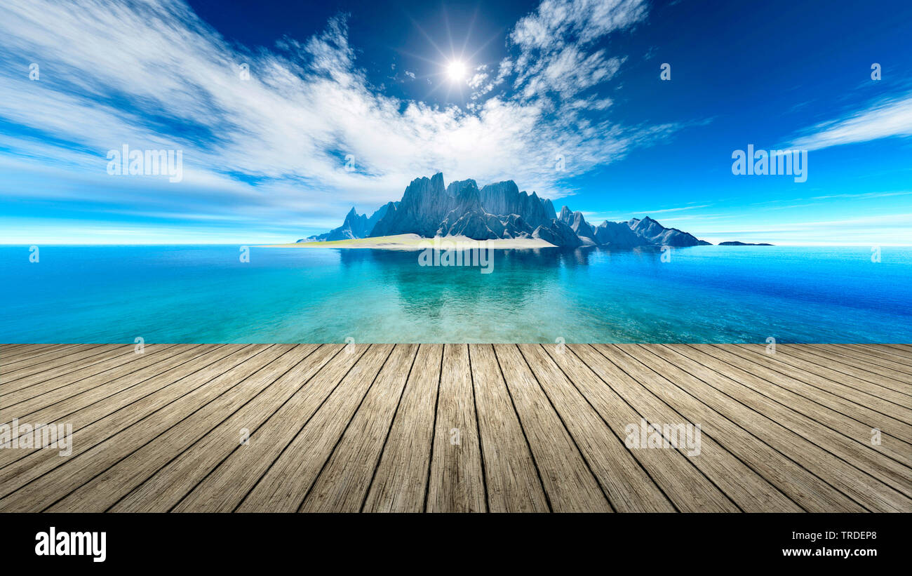 Blick vom Holzsteg zu Rocky Island, virtuelle Landschaft, Computer Grafik Stockfoto