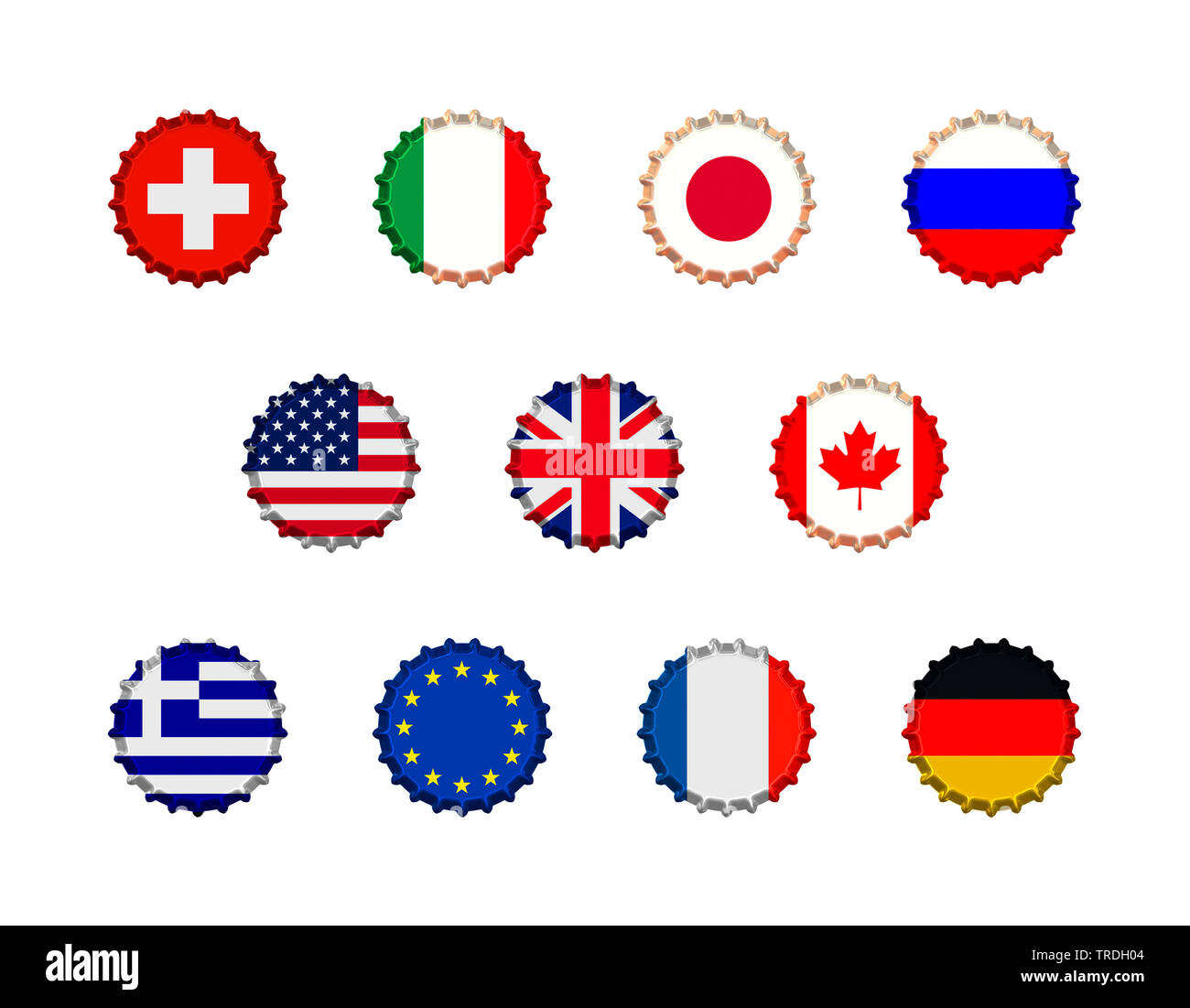 Flaschenverschlüsse mit den Flaggen der verschiedenen Länder Stockfoto