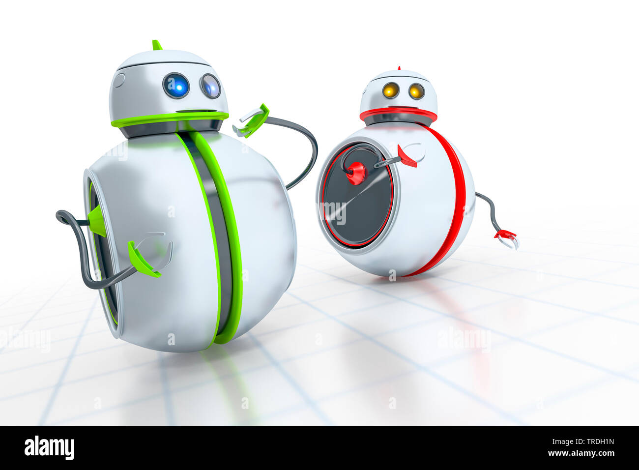 3D Computer Grafik, zwei runde niedliche Roboter in der Farbe Weiß mit grünen und roten Streifen Stockfoto