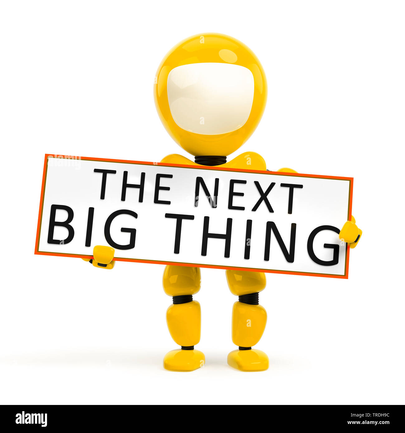 3D Computer Grafik, humanoide Roboter in der Farbe gelb mit einem Schild Schriftzug das nächste große Ding Stockfoto