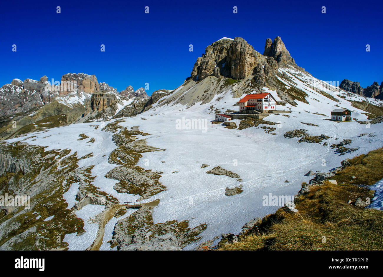 Berghütte Rifugio Antonio Locatelli und Sasso di Sesto, Italien, Südtirol, Dolomiten Stockfoto