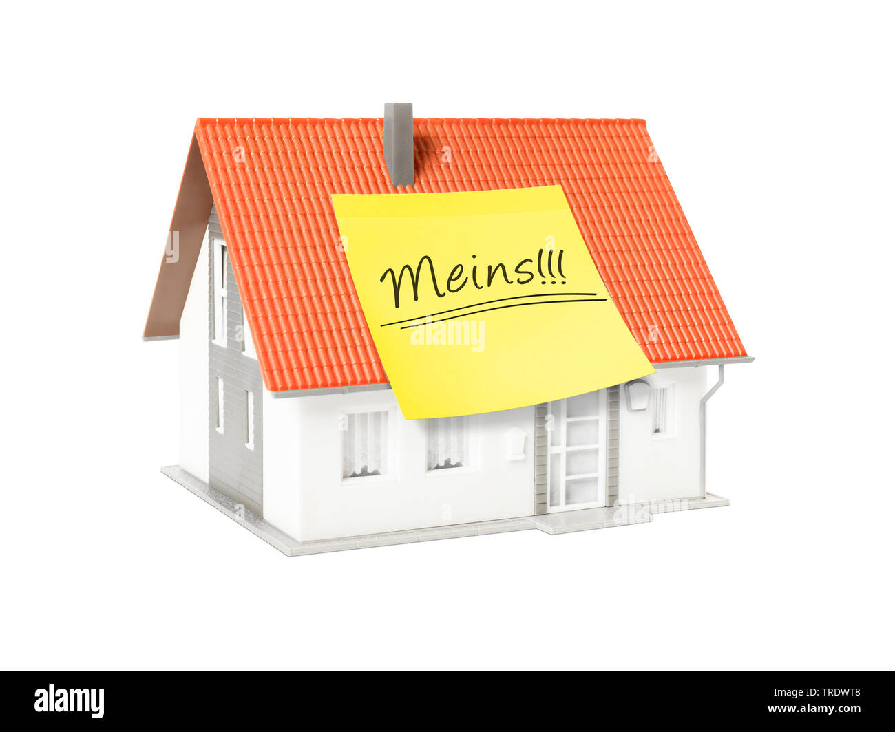 3D Computer Grafik, freistehende Einfamilienhaus mit gelben post-it-Schriftzug MEINS (mir) Stockfoto