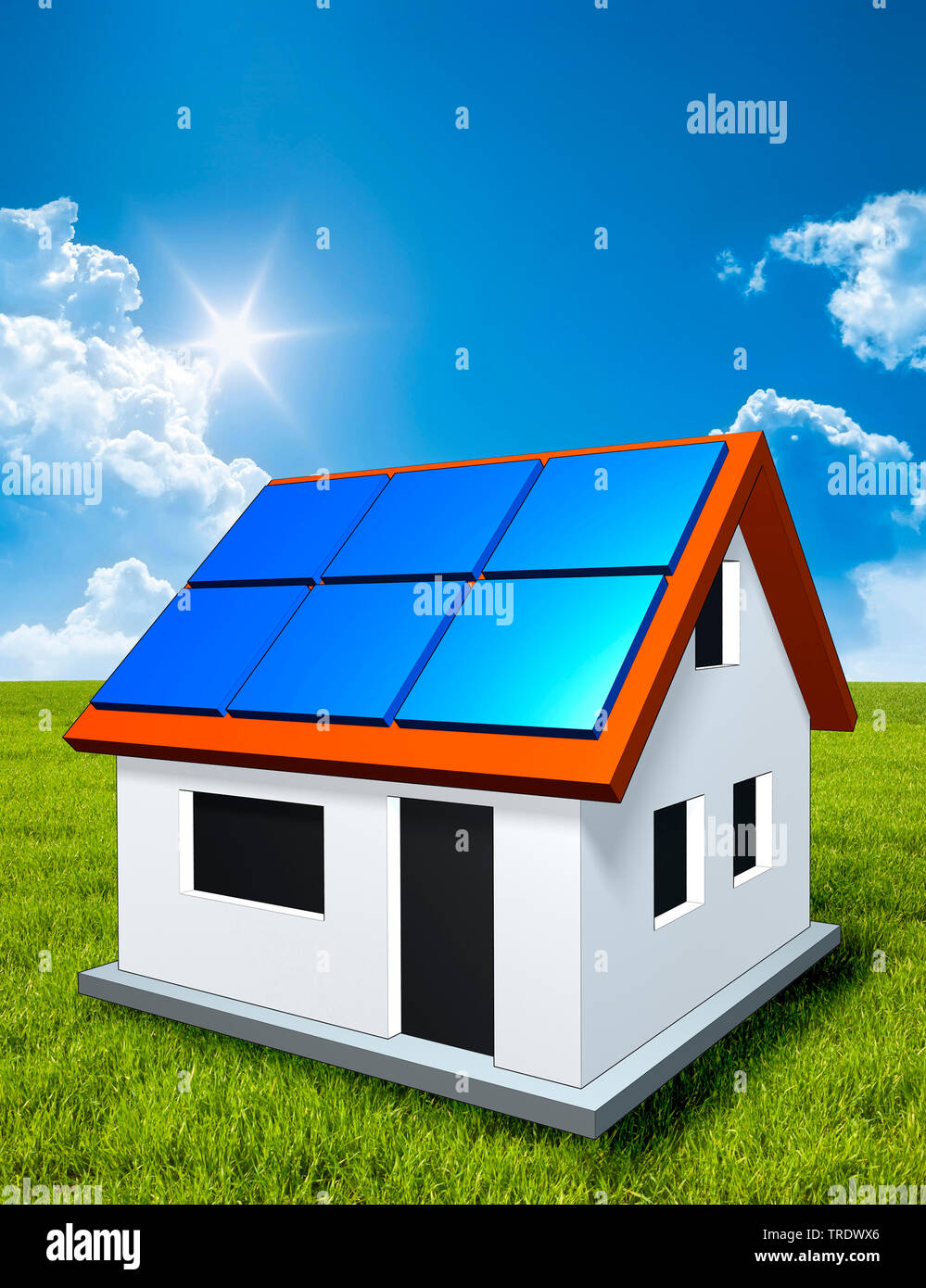 3D Computer Grafik, freistehende Einfamilienhaus mit Solaranlage auf dem Dach gegen bewölkter Himmel Stockfoto