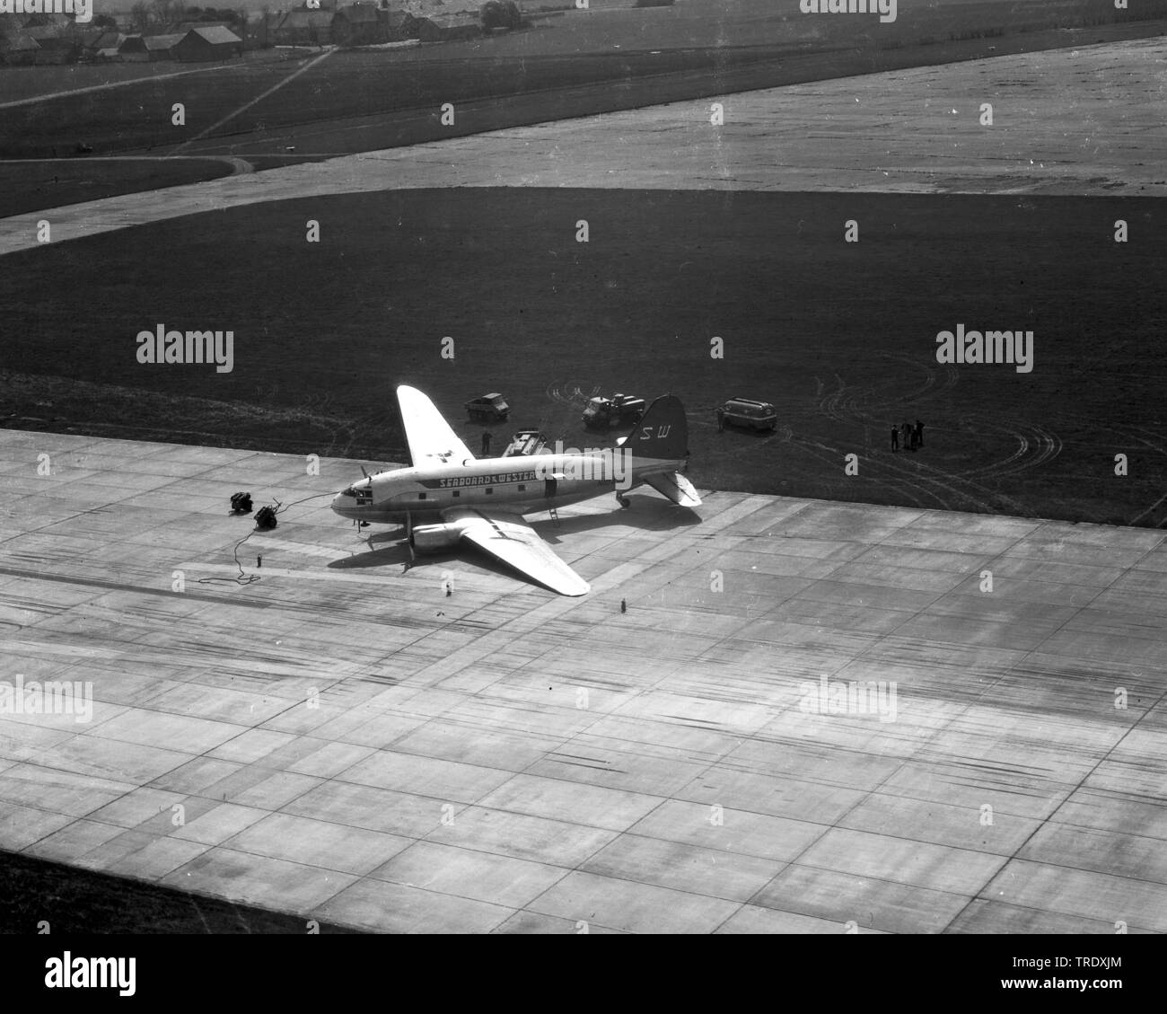 Crash von Curtiss C-46 auf dem Flughafen München-Riem, Luftaufnahme vom 08.05.1959, Deutschland, Bayern, München Stockfoto