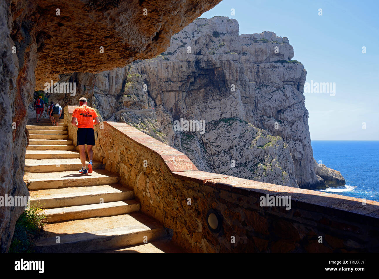 Capo Caccia, Treppen an der Klippe Küste zu Neptun's Grotto, Italien, Sardinien, Alghero Stockfoto