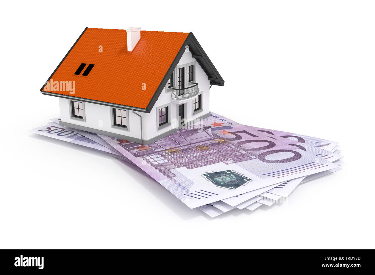 3D Computer Grafik, Wohngebiet, das sich auf der Oberseite der Euro-banknoten Stockfoto