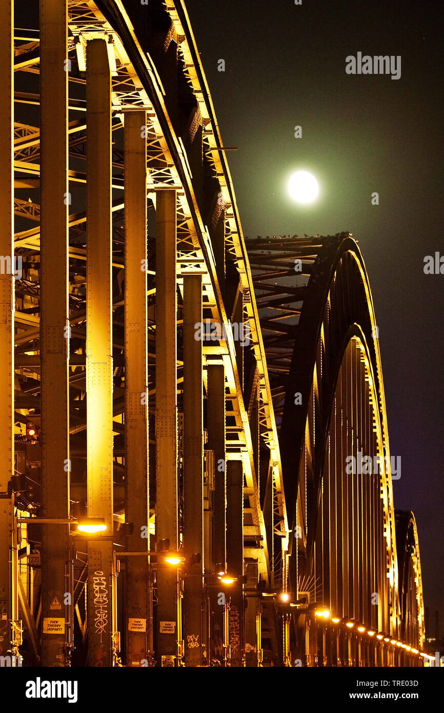 Hohenzollernbrücke bei Vollmond, Deutschland, Nordrhein-Westfalen, Rheinland, Köln Stockfoto