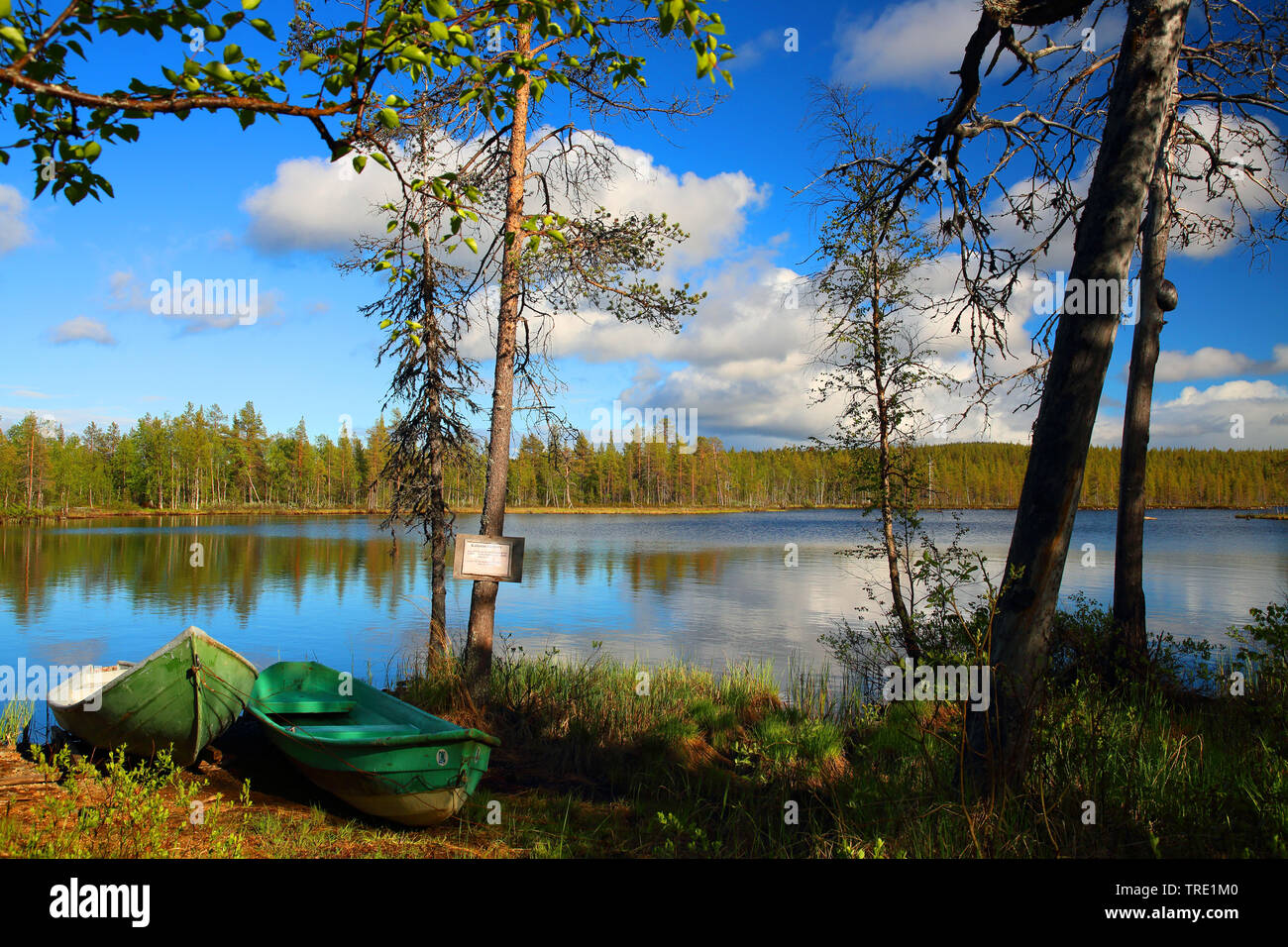 Fischerboote auf dem Seeufer des Kivijaervi, Finnland, Raattama, Kivijaervi Stockfoto