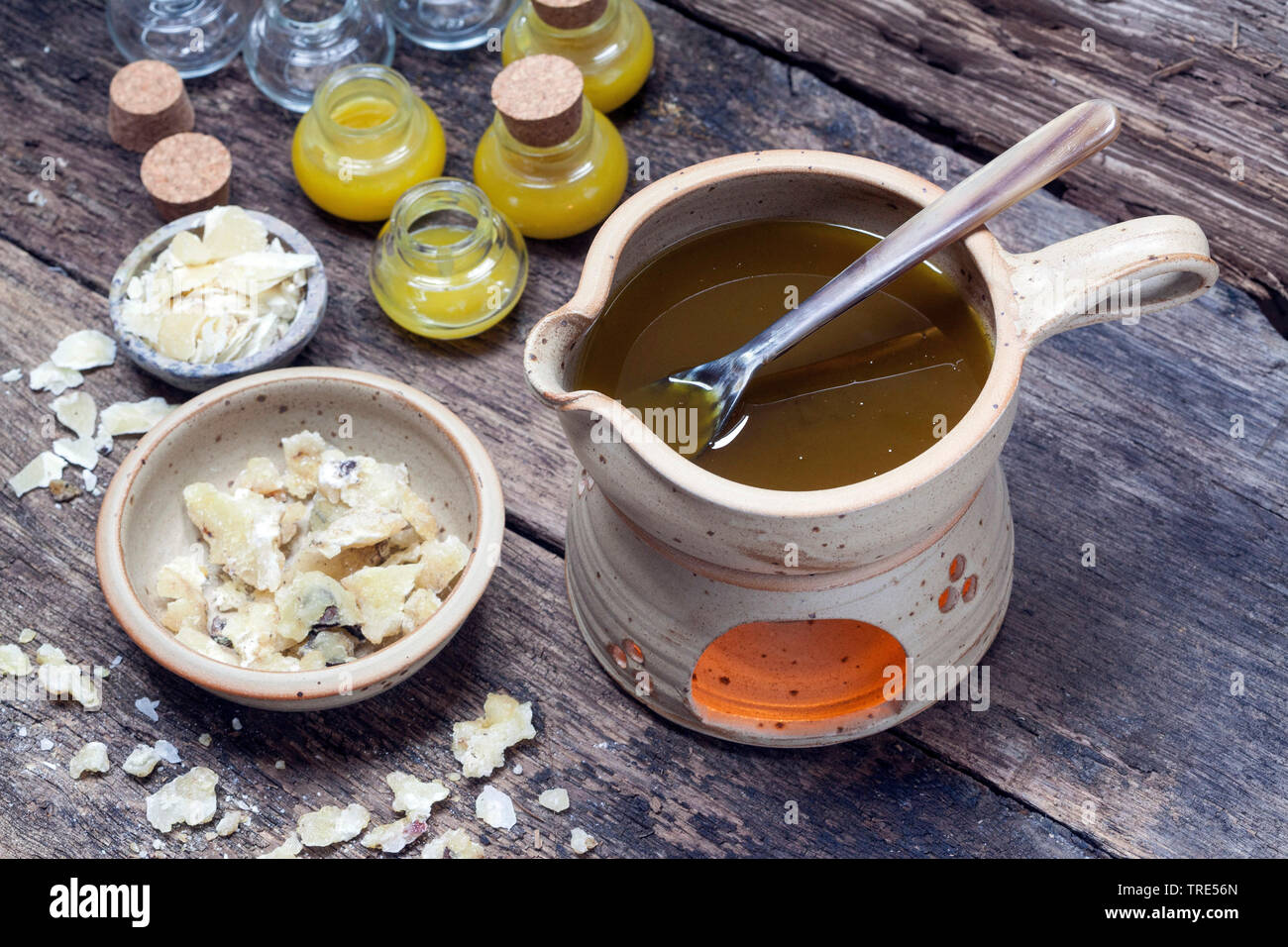 Self-made Salbe aus Resin, Olivenöl und Bienenwachs Fichte, Deutschland Stockfoto