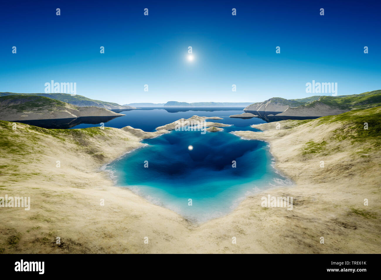 Wüste mit See und Bergen, Computer Grafik Stockfoto