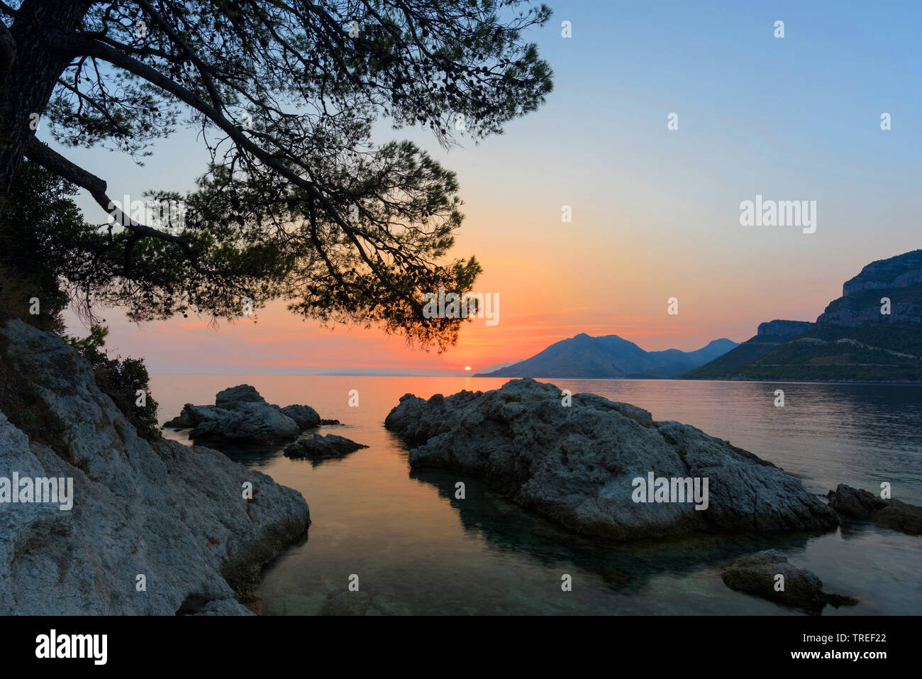 Adria Küste bei Sonnenuntergang, Kroatien, Halbinsel Peljesac Stockfoto