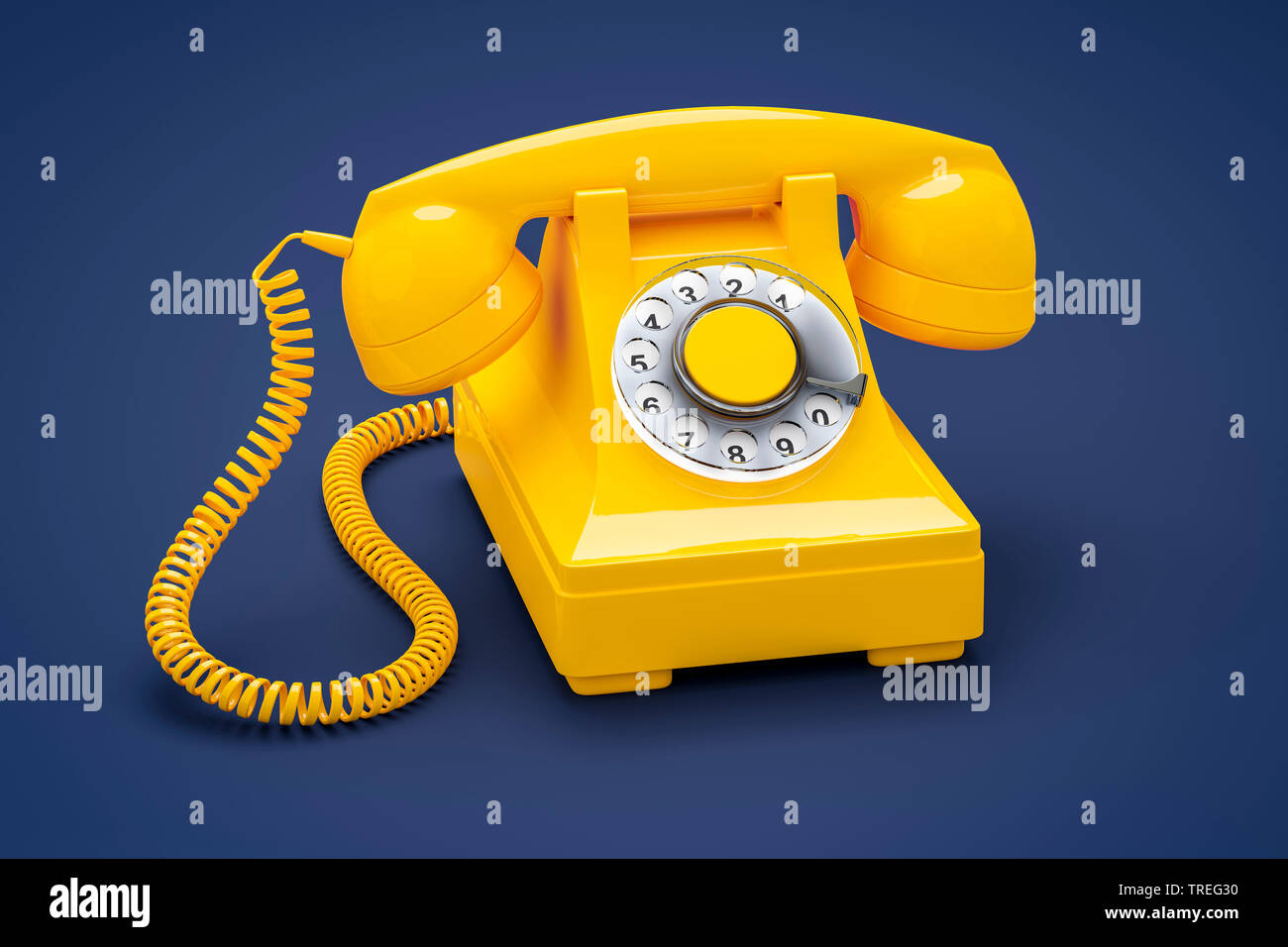 3D Computer Grafik, vintage Telefon mit Kopfhörer in Gelb gegen blau hinterlegt Stockfoto