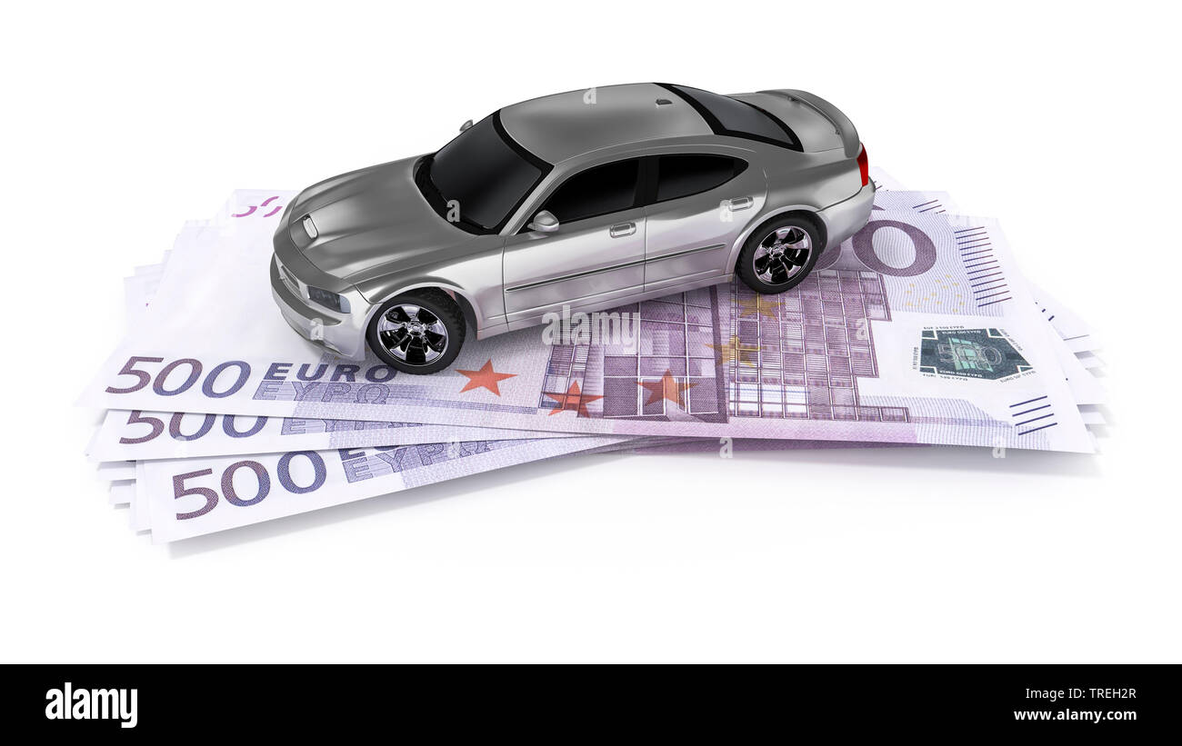 3D Computer Grafik, Modell Auto auf 500 Euro Scheine - Auto Verkauf Stockfoto
