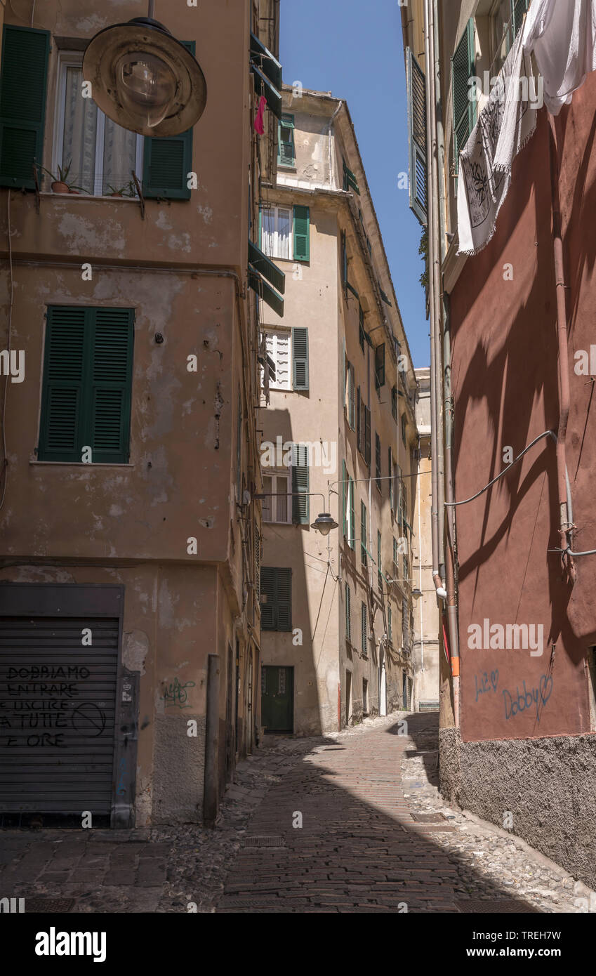 Stadtbild mit hohen Gebäuden auf schmalen Gasse im historischen Zentrum der Stadt. Schuß an einem sonnigen Frühlingstag in Genua, Ligurien, Italien Stockfoto