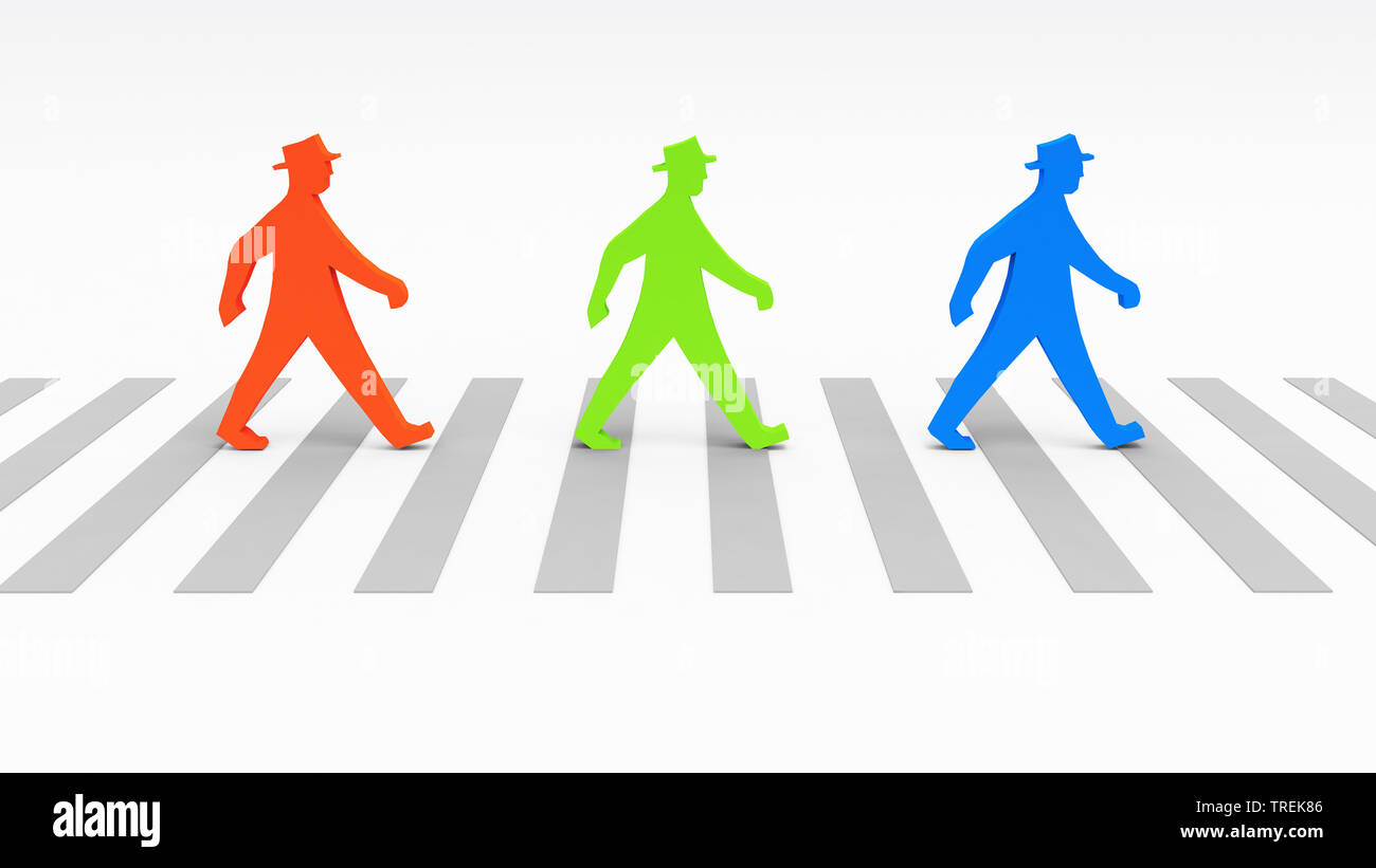 3D Computer Grafik, Illustration von 3 farbige Männer Überqueren der Straße auf einem Zebrastreifen Stockfoto
