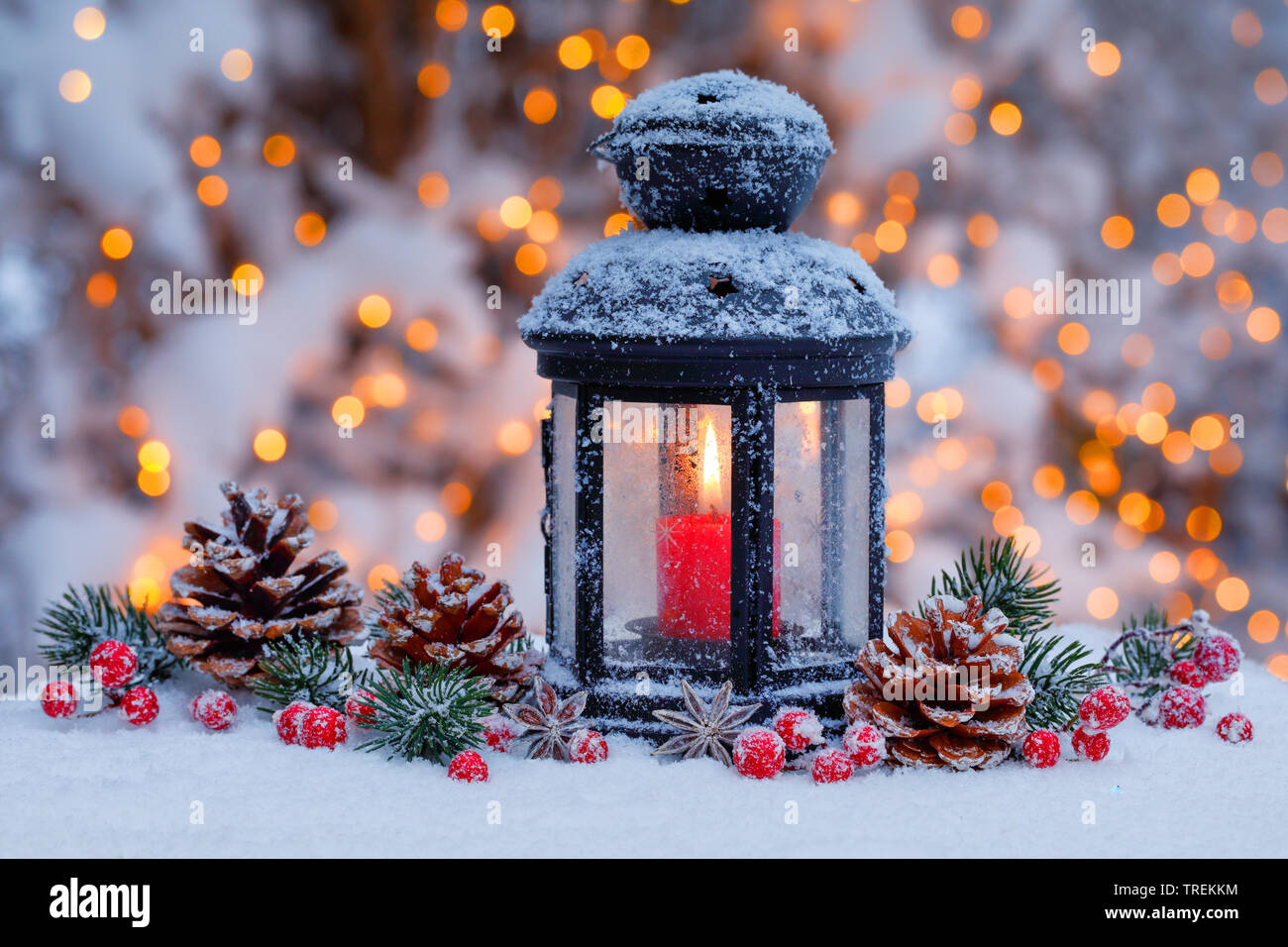 Laterne mit Weihnachten Dekoration stehen im Schnee, Schweiz  Stockfotografie - Alamy