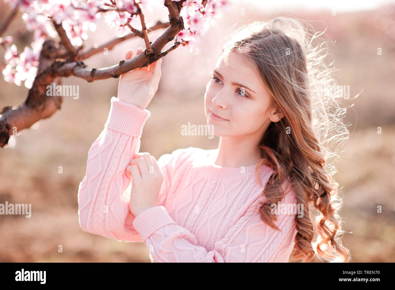 Schönes blondes junges Mädchen 14-16 Jahre alten Holding pfirsich Baum im Garten. Posing im Freien. Gestrickte Pullover tragen. Weg schauen. Stockfoto