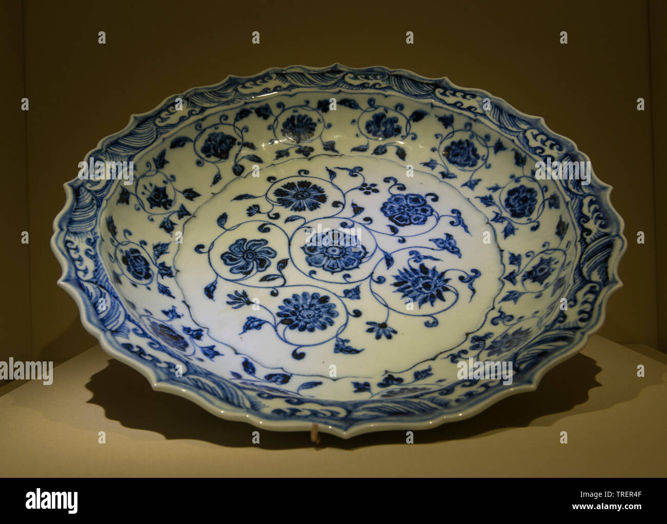 Blau-weiße Platte mit Blume rollen Design der Yongle Ära. Yongle Zeitraum, Ming dynasty, 1403-1424 CE. Nationales Museum für China Stockfoto