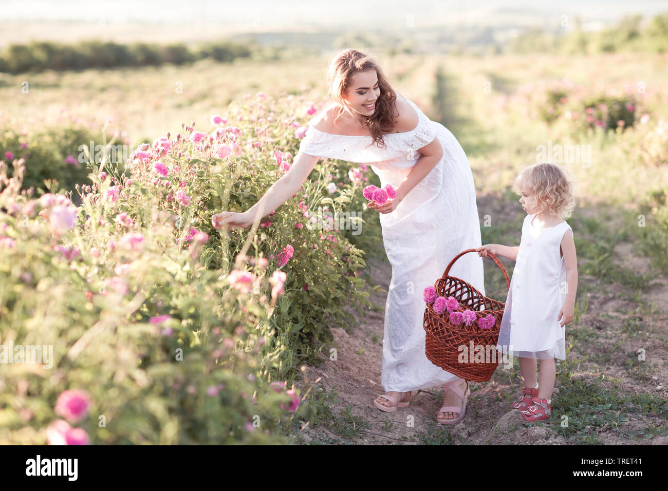 Lächelnde Mutter Kommissionierung bis rosa Blüten mit ihrem Kind Mädchen im Feld tragen ähnliche weiße Kleider. Die Mutterschaft. Zeit mit der Familie. Sommer Saison. Stockfoto